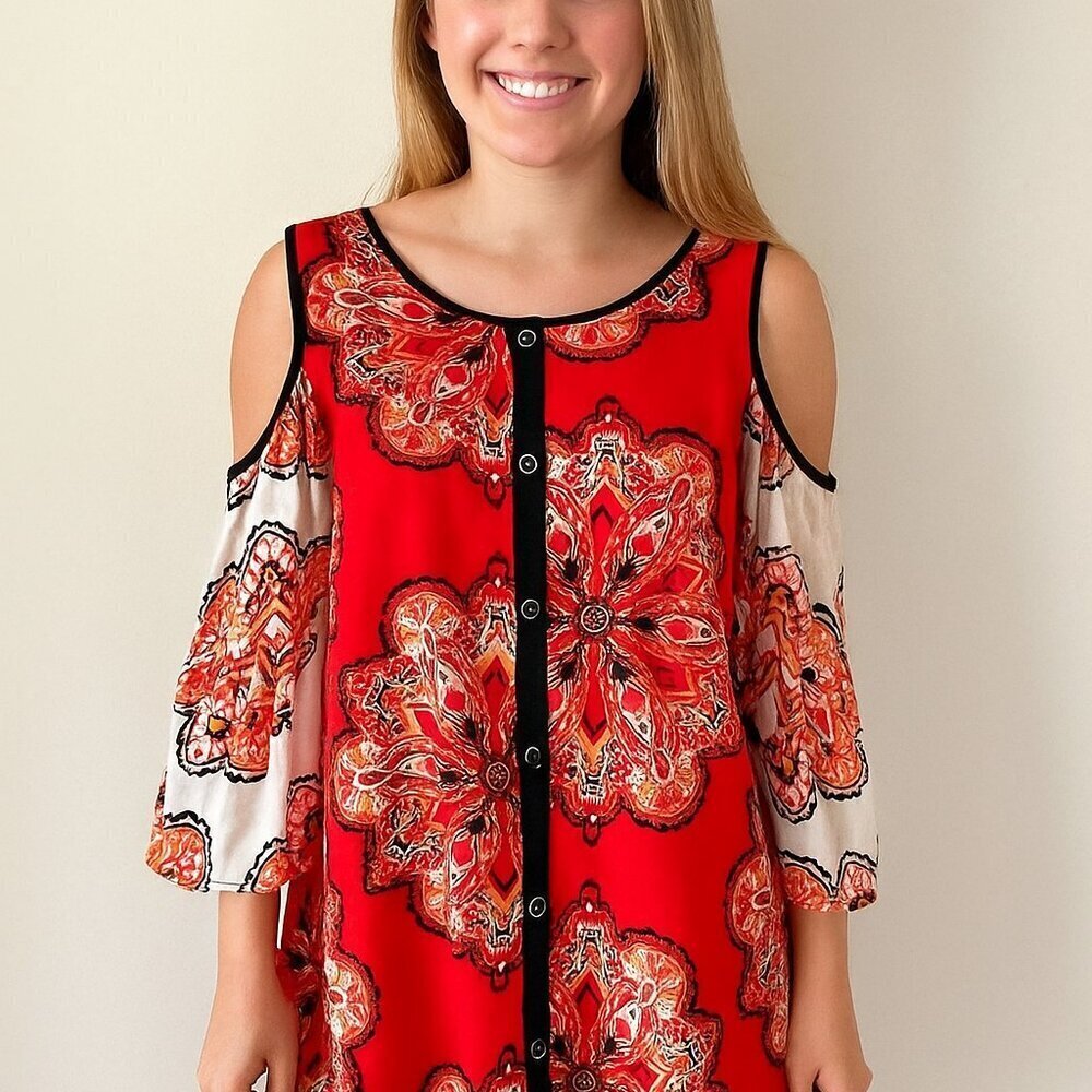 Chico's Red White Floral Graphic Blouse